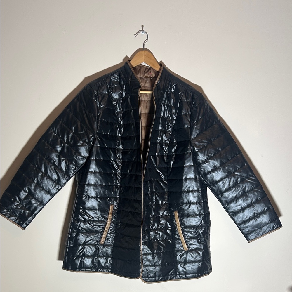 AproductZ‎ GmbH Womens Black Shiny Quilted Puffer Jacket Bronze Trim W 49307